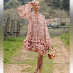 NWT Mac Duggal Pink Floral 8336 Long Sleeve Ruffle Mini Dress XS